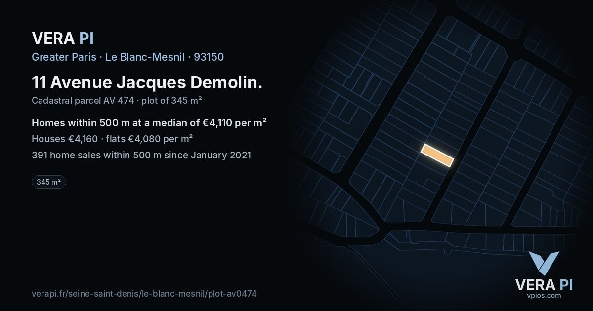 11 Avenue Jacques Demolin, Le Blanc-Mesnil at night – the plot lit, the parcels around coloured by the prices near them