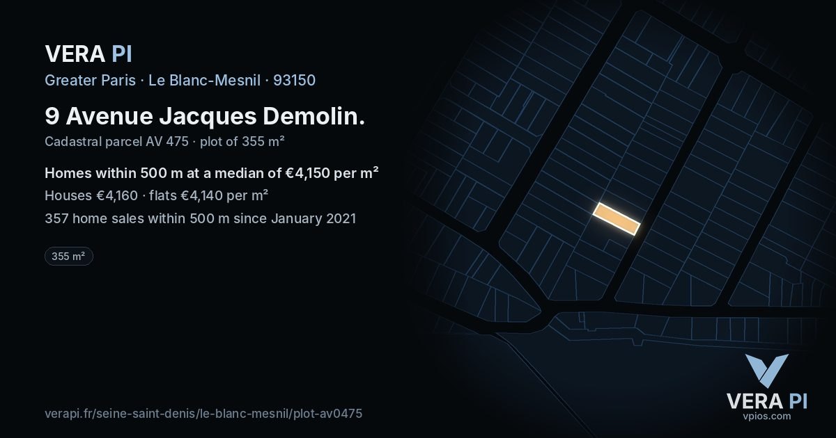 9 Avenue Jacques Demolin, Le Blanc-Mesnil at night – the plot lit, the parcels around coloured by the prices near them