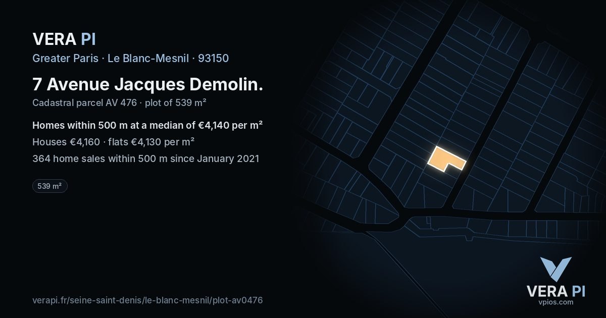 7 Avenue Jacques Demolin, Le Blanc-Mesnil at night – the plot lit, the parcels around coloured by the prices near them
