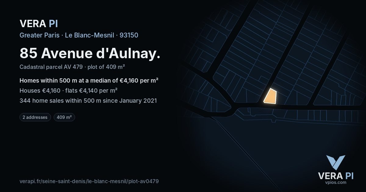 85 Avenue d'Aulnay, Le Blanc-Mesnil at night – the plot lit, the parcels around coloured by the prices near them