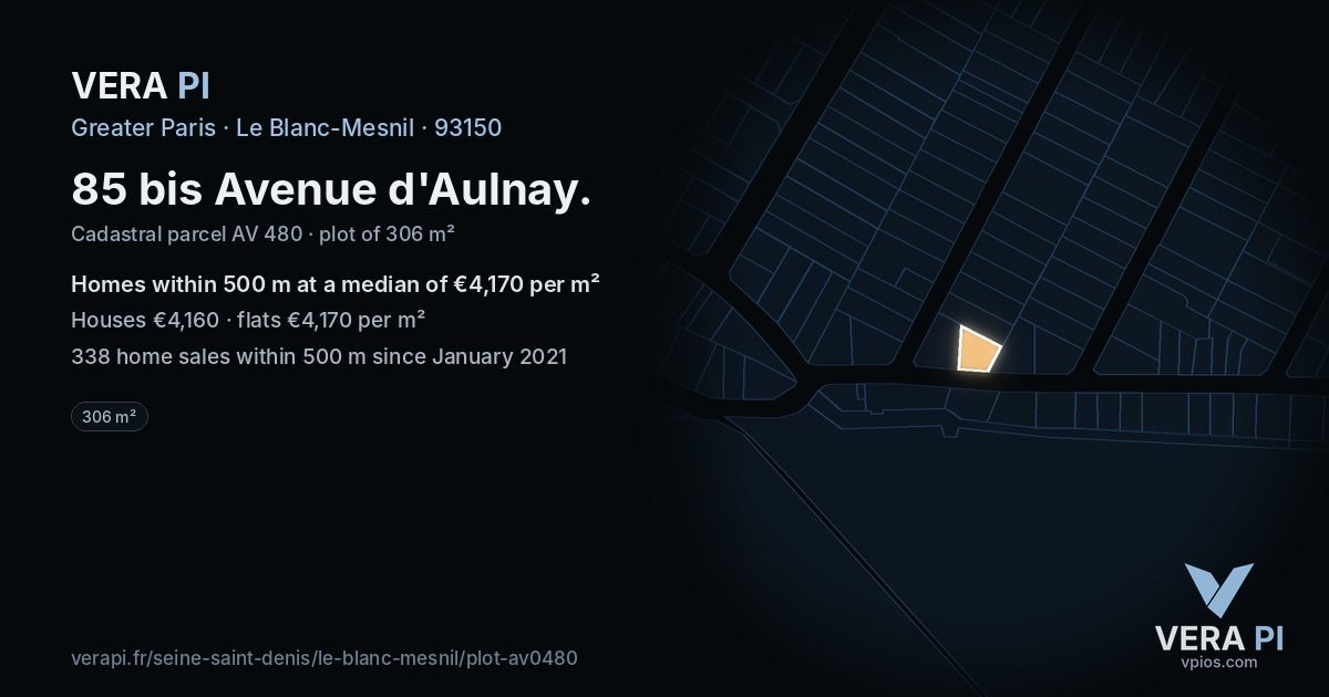 85 bis Avenue d'Aulnay, Le Blanc-Mesnil at night – the plot lit, the parcels around coloured by the prices near them