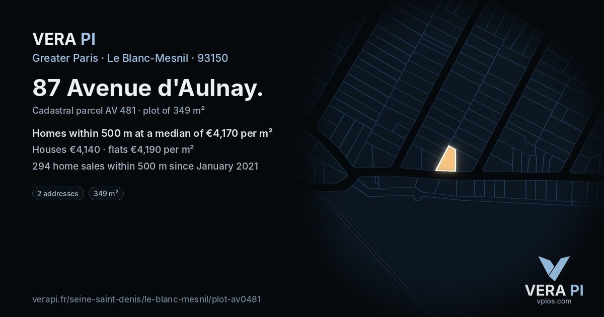 87 Avenue d'Aulnay, Le Blanc-Mesnil at night – the plot lit, the parcels around coloured by the prices near them
