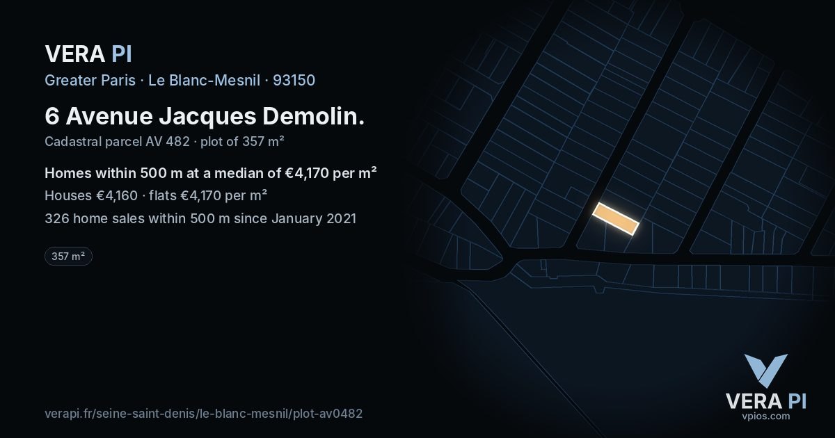 6 Avenue Jacques Demolin, Le Blanc-Mesnil at night – the plot lit, the parcels around coloured by the prices near them