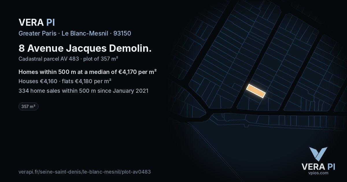 8 Avenue Jacques Demolin, Le Blanc-Mesnil at night – the plot lit, the parcels around coloured by the prices near them