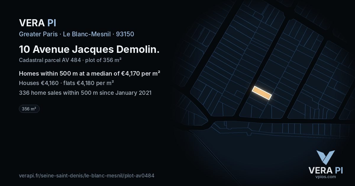 10 Avenue Jacques Demolin, Le Blanc-Mesnil at night – the plot lit, the parcels around coloured by the prices near them
