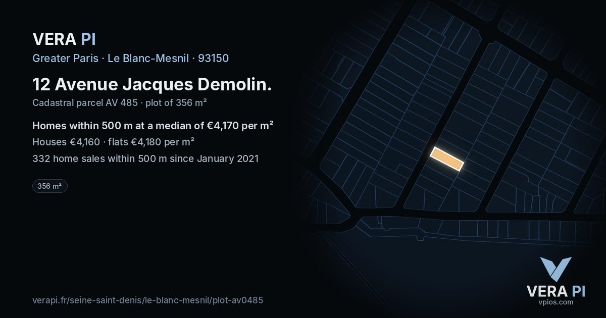 12 Avenue Jacques Demolin, Le Blanc-Mesnil at night – the plot lit, the parcels around coloured by the prices near them