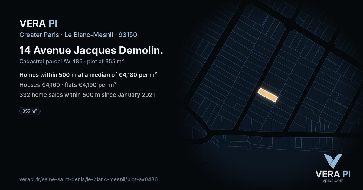 14 Avenue Jacques Demolin, Le Blanc-Mesnil at night – the plot lit, the parcels around coloured by the prices near them