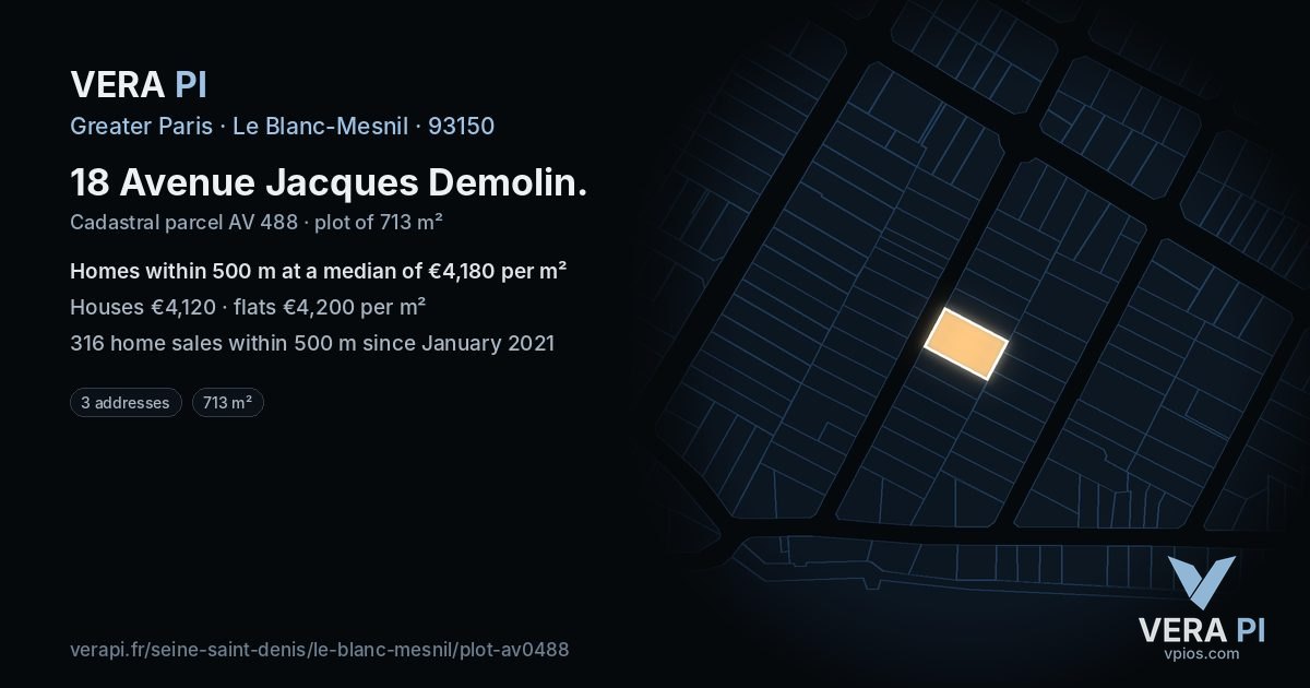 18 Avenue Jacques Demolin, Le Blanc-Mesnil at night – the plot lit, the parcels around coloured by the prices near them