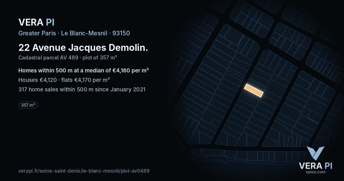 22 Avenue Jacques Demolin, Le Blanc-Mesnil at night – the plot lit, the parcels around coloured by the prices near them