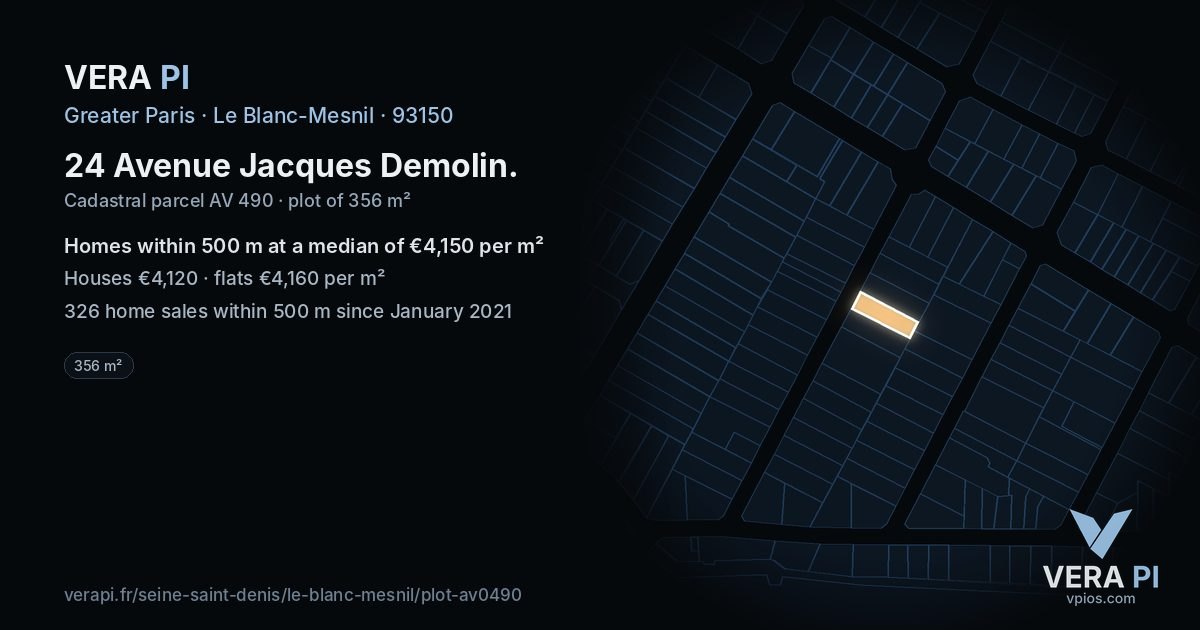 24 Avenue Jacques Demolin, Le Blanc-Mesnil at night – the plot lit, the parcels around coloured by the prices near them