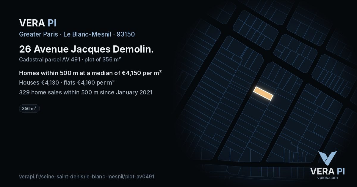 26 Avenue Jacques Demolin, Le Blanc-Mesnil at night – the plot lit, the parcels around coloured by the prices near them
