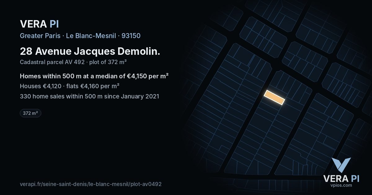 28 Avenue Jacques Demolin, Le Blanc-Mesnil at night – the plot lit, the parcels around coloured by the prices near them