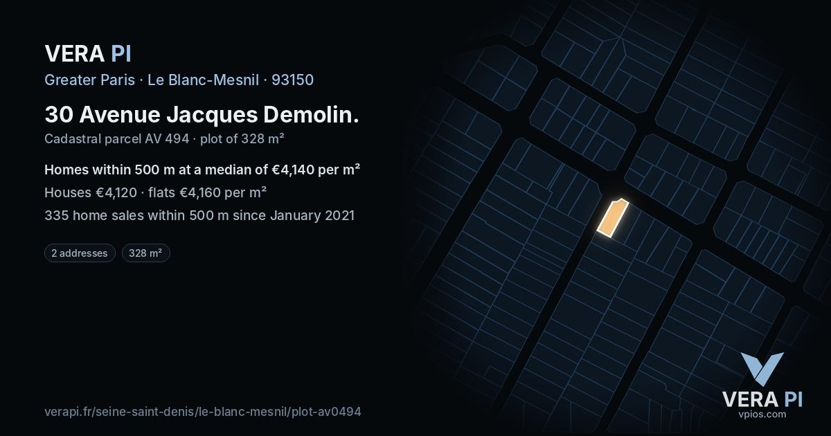 30 Avenue Jacques Demolin, Le Blanc-Mesnil at night – the plot lit, the parcels around coloured by the prices near them