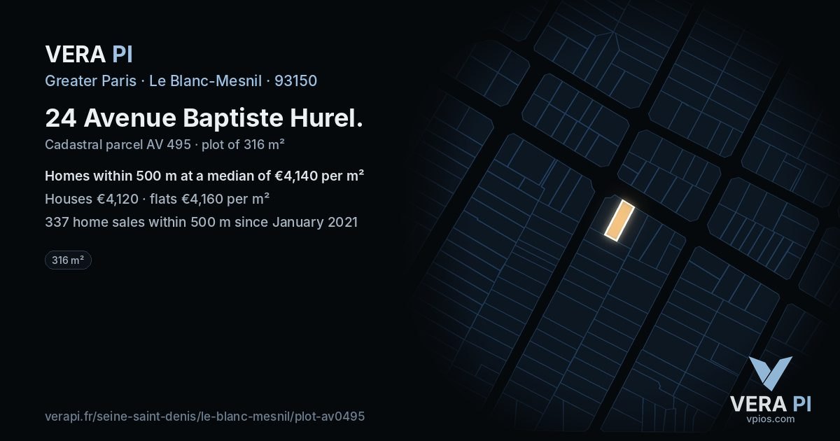 24 Avenue Baptiste Hurel, Le Blanc-Mesnil at night – the plot lit, the parcels around coloured by the prices near them