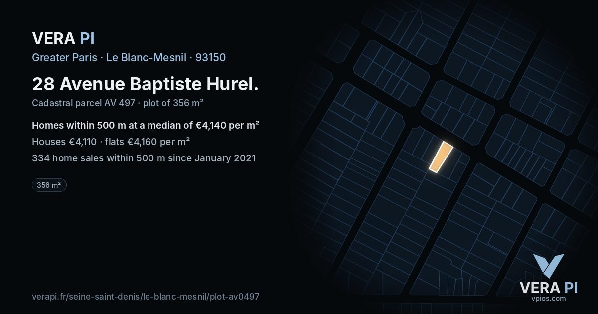 28 Avenue Baptiste Hurel, Le Blanc-Mesnil at night – the plot lit, the parcels around coloured by the prices near them
