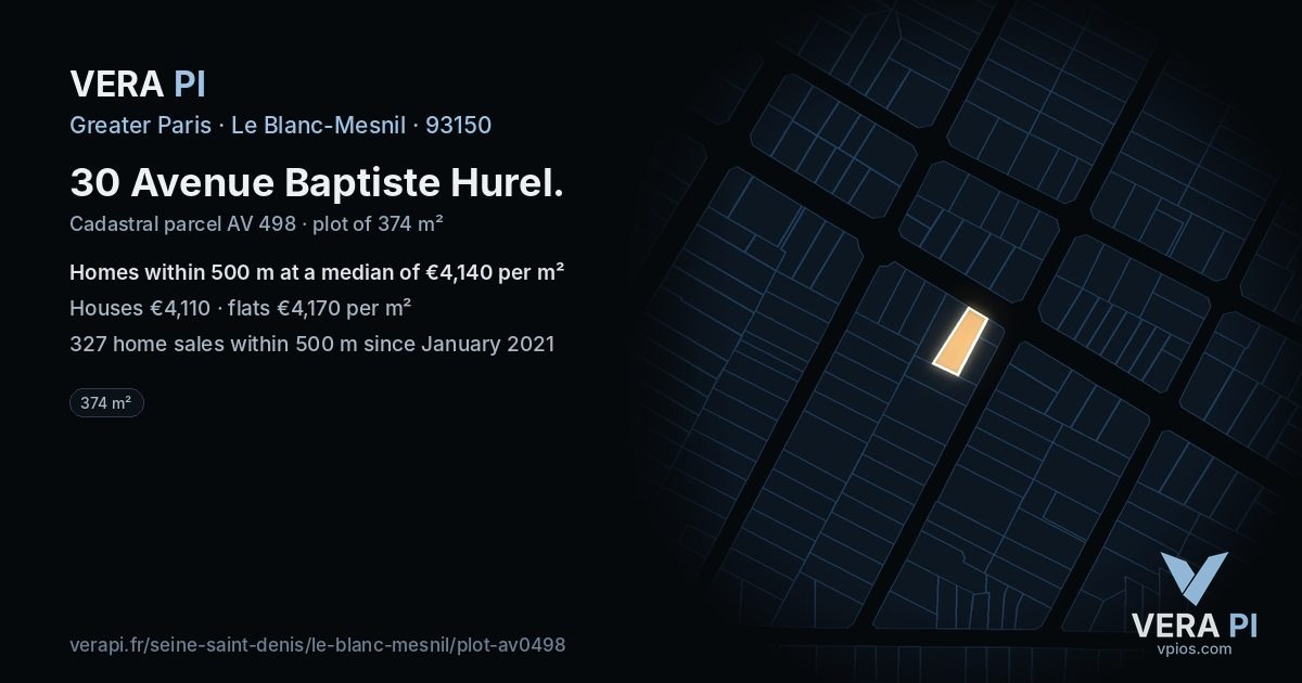 30 Avenue Baptiste Hurel, Le Blanc-Mesnil at night – the plot lit, the parcels around coloured by the prices near them