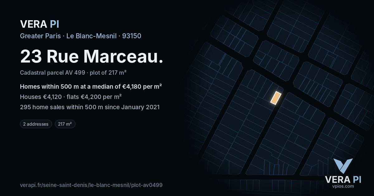 23 Rue Marceau, Le Blanc-Mesnil at night – the plot lit, the parcels around coloured by the prices near them