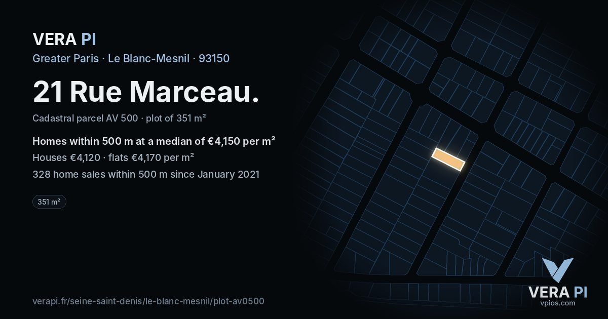 21 Rue Marceau, Le Blanc-Mesnil at night – the plot lit, the parcels around coloured by the prices near them