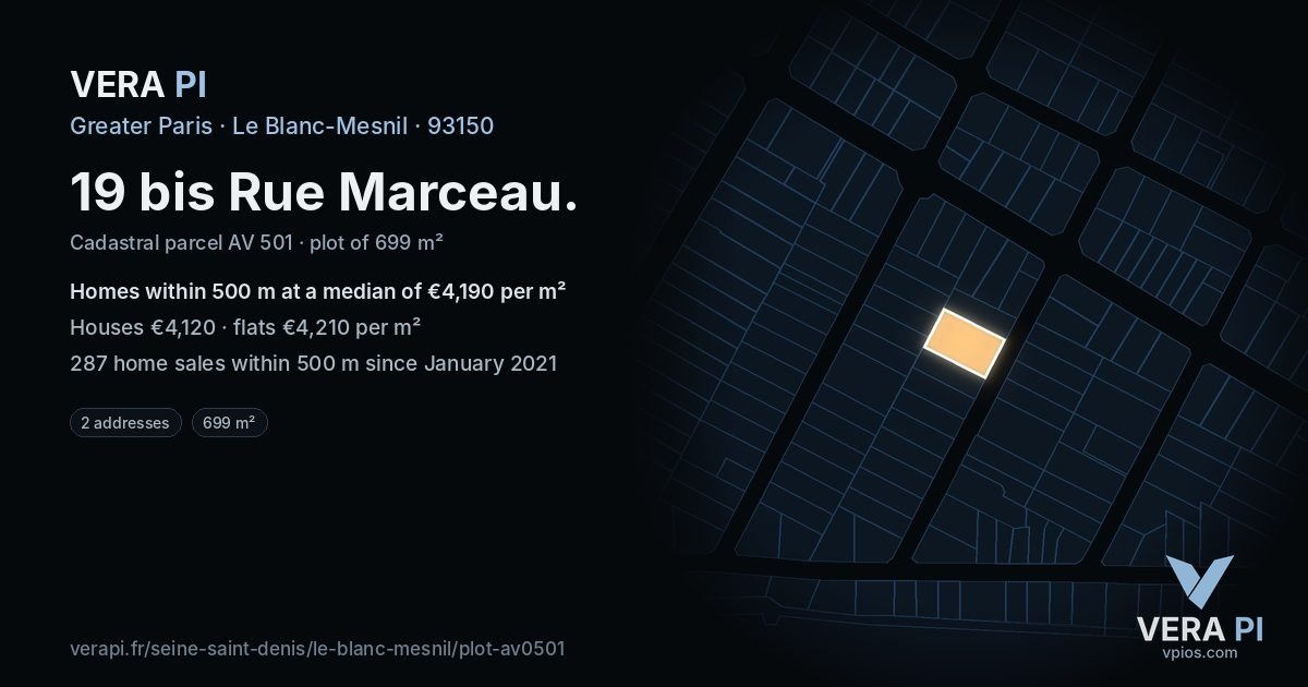 19 bis Rue Marceau, Le Blanc-Mesnil at night – the plot lit, the parcels around coloured by the prices near them