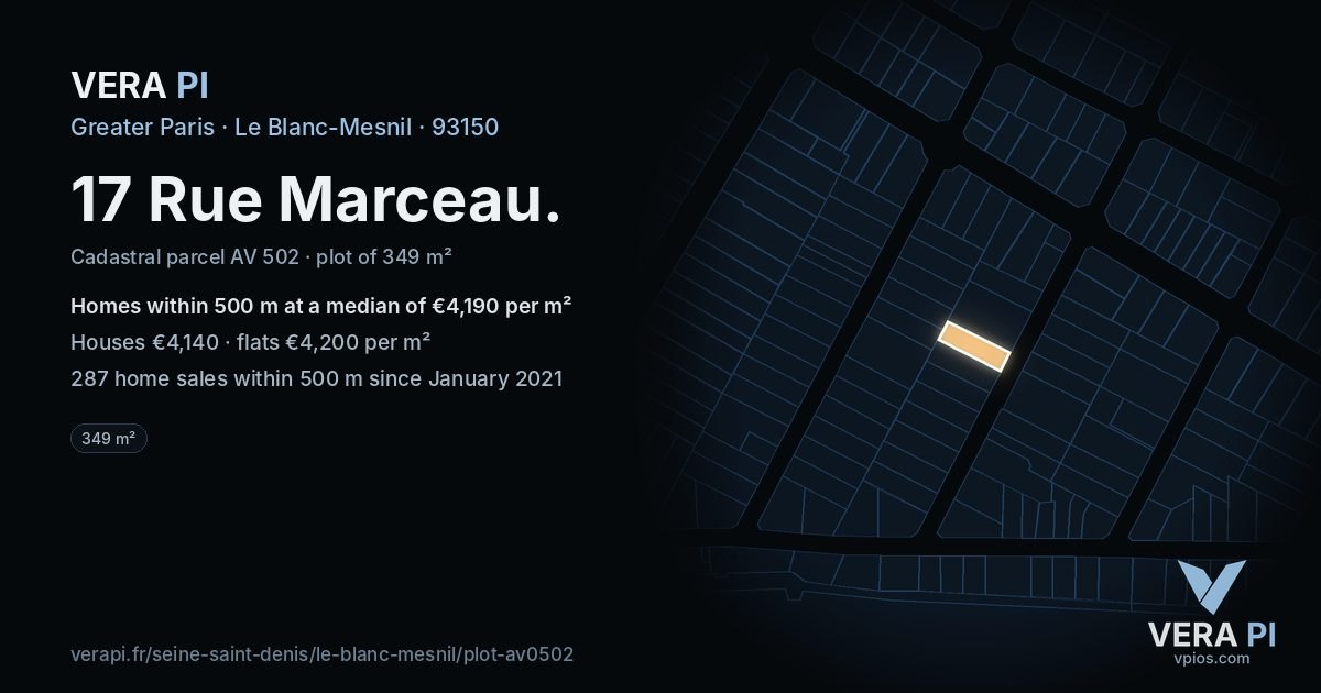 17 Rue Marceau, Le Blanc-Mesnil at night – the plot lit, the parcels around coloured by the prices near them