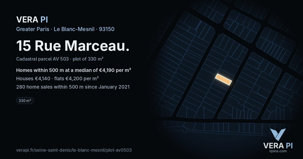 15 Rue Marceau, Le Blanc-Mesnil at night – the plot lit, the parcels around coloured by the prices near them