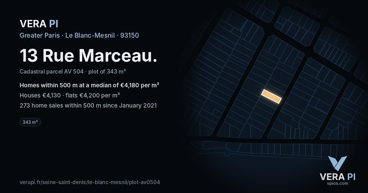 13 Rue Marceau, Le Blanc-Mesnil at night – the plot lit, the parcels around coloured by the prices near them