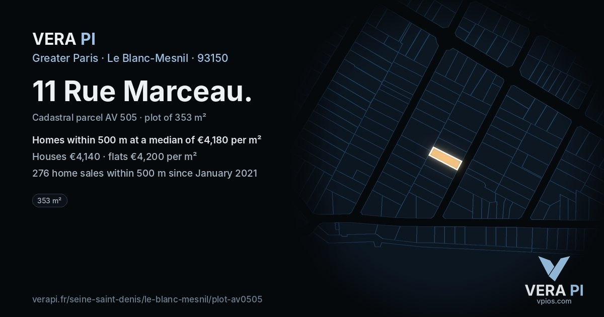 11 Rue Marceau, Le Blanc-Mesnil at night – the plot lit, the parcels around coloured by the prices near them