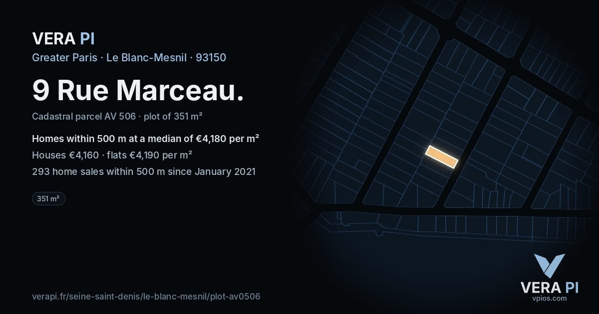 9 Rue Marceau, Le Blanc-Mesnil at night – the plot lit, the parcels around coloured by the prices near them