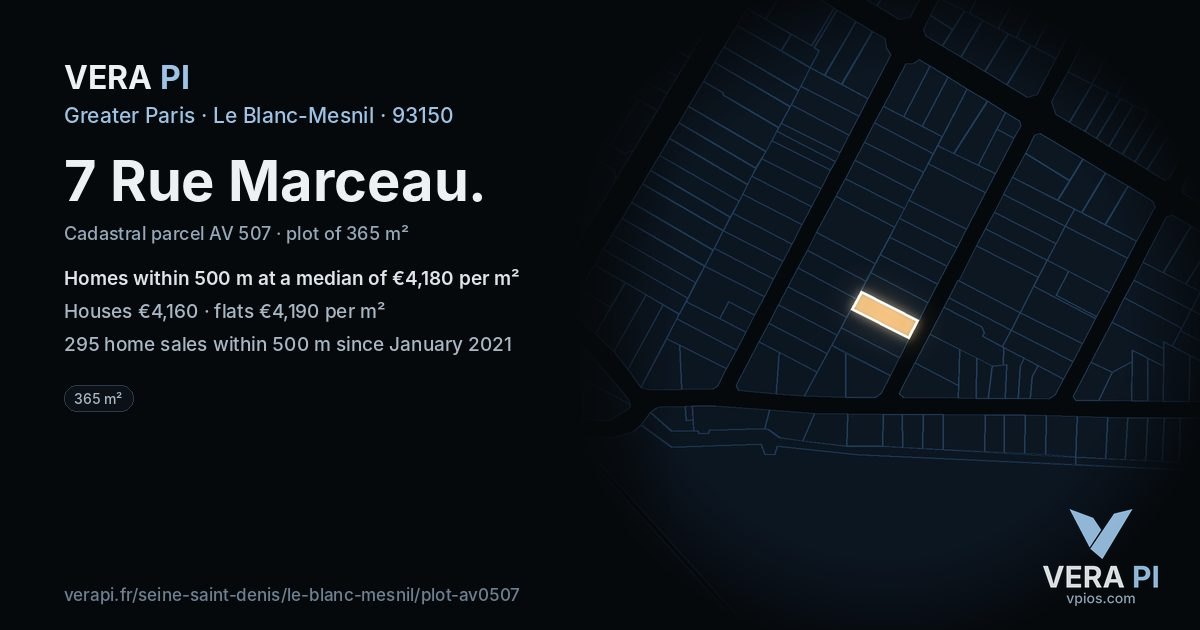 7 Rue Marceau, Le Blanc-Mesnil at night – the plot lit, the parcels around coloured by the prices near them