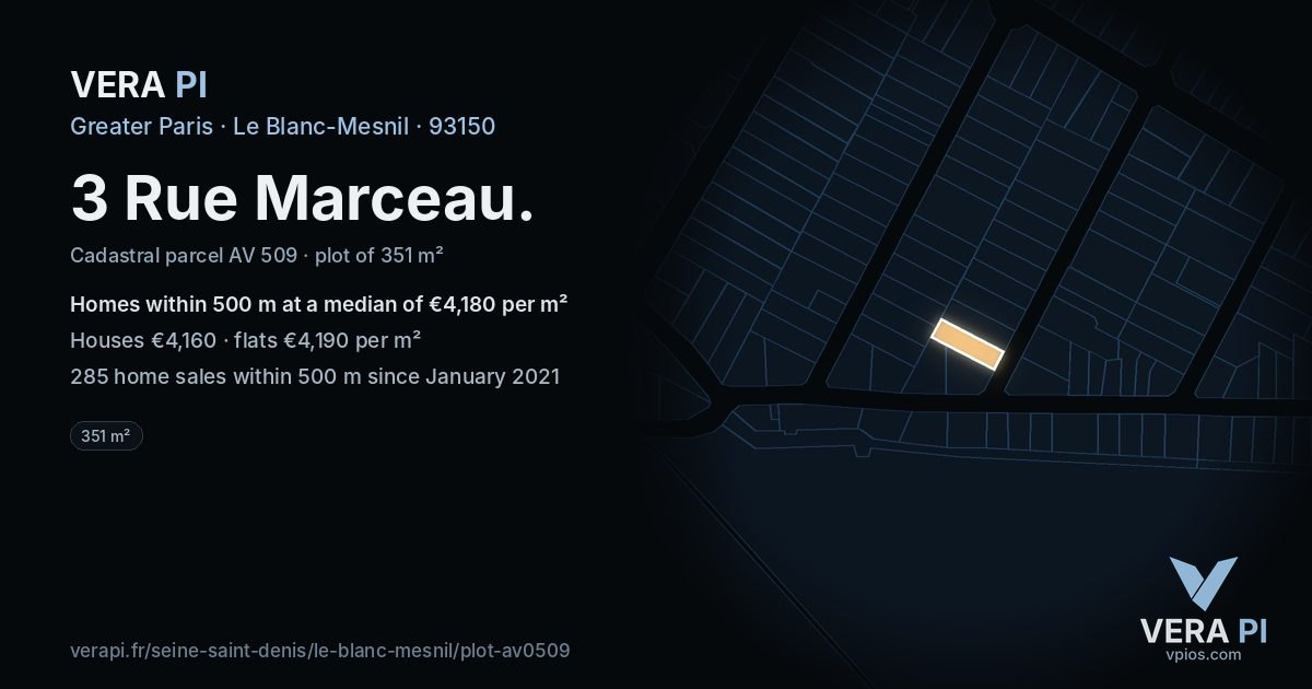 3 Rue Marceau, Le Blanc-Mesnil at night – the plot lit, the parcels around coloured by the prices near them