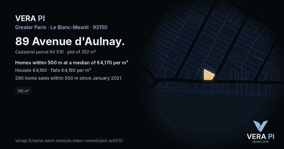 89 Avenue d'Aulnay, Le Blanc-Mesnil at night – the plot lit, the parcels around coloured by the prices near them