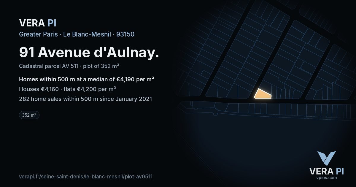 91 Avenue d'Aulnay, Le Blanc-Mesnil at night – the plot lit, the parcels around coloured by the prices near them
