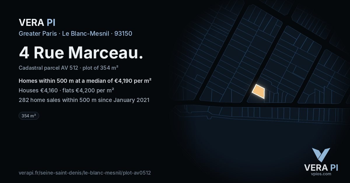 4 Rue Marceau, Le Blanc-Mesnil at night – the plot lit, the parcels around coloured by the prices near them