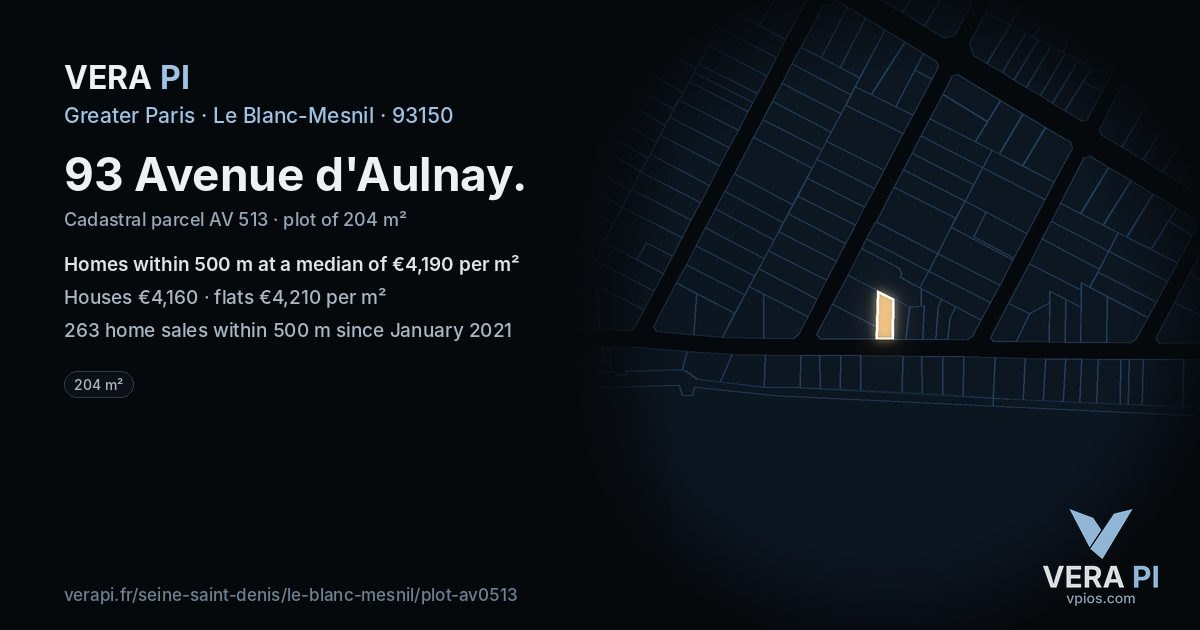 93 Avenue d'Aulnay, Le Blanc-Mesnil at night – the plot lit, the parcels around coloured by the prices near them
