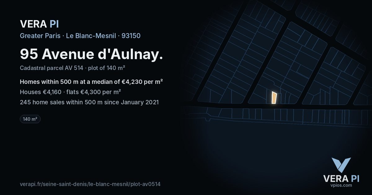 95 Avenue d'Aulnay, Le Blanc-Mesnil at night – the plot lit, the parcels around coloured by the prices near them