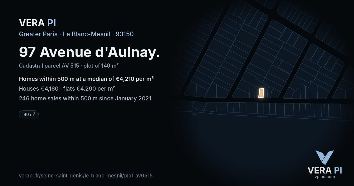 97 Avenue d'Aulnay, Le Blanc-Mesnil at night – the plot lit, the parcels around coloured by the prices near them