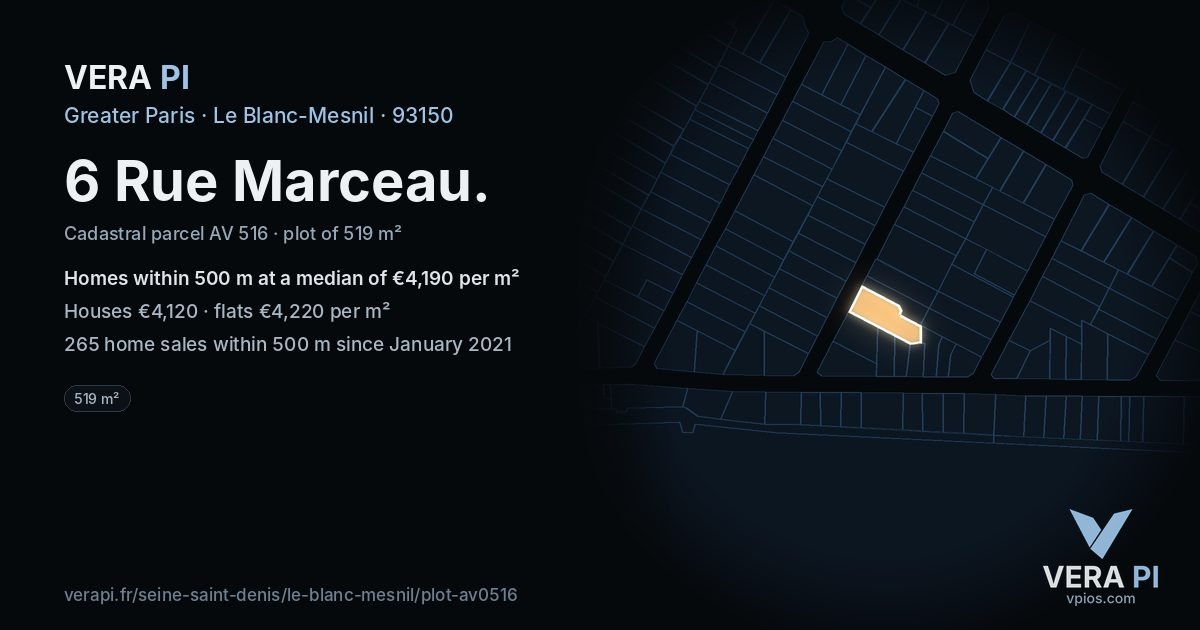 6 Rue Marceau, Le Blanc-Mesnil at night – the plot lit, the parcels around coloured by the prices near them