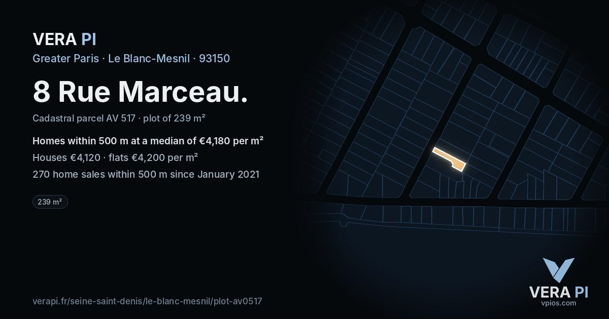 8 Rue Marceau, Le Blanc-Mesnil at night – the plot lit, the parcels around coloured by the prices near them