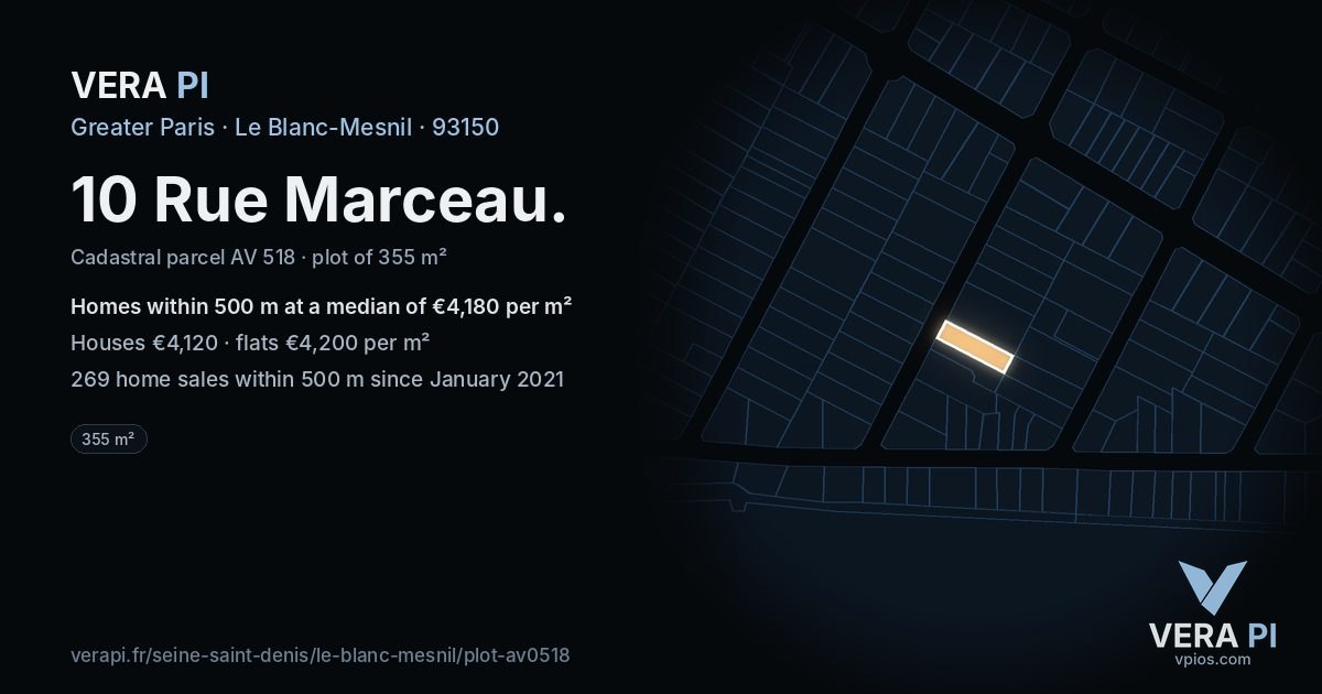 10 Rue Marceau, Le Blanc-Mesnil at night – the plot lit, the parcels around coloured by the prices near them