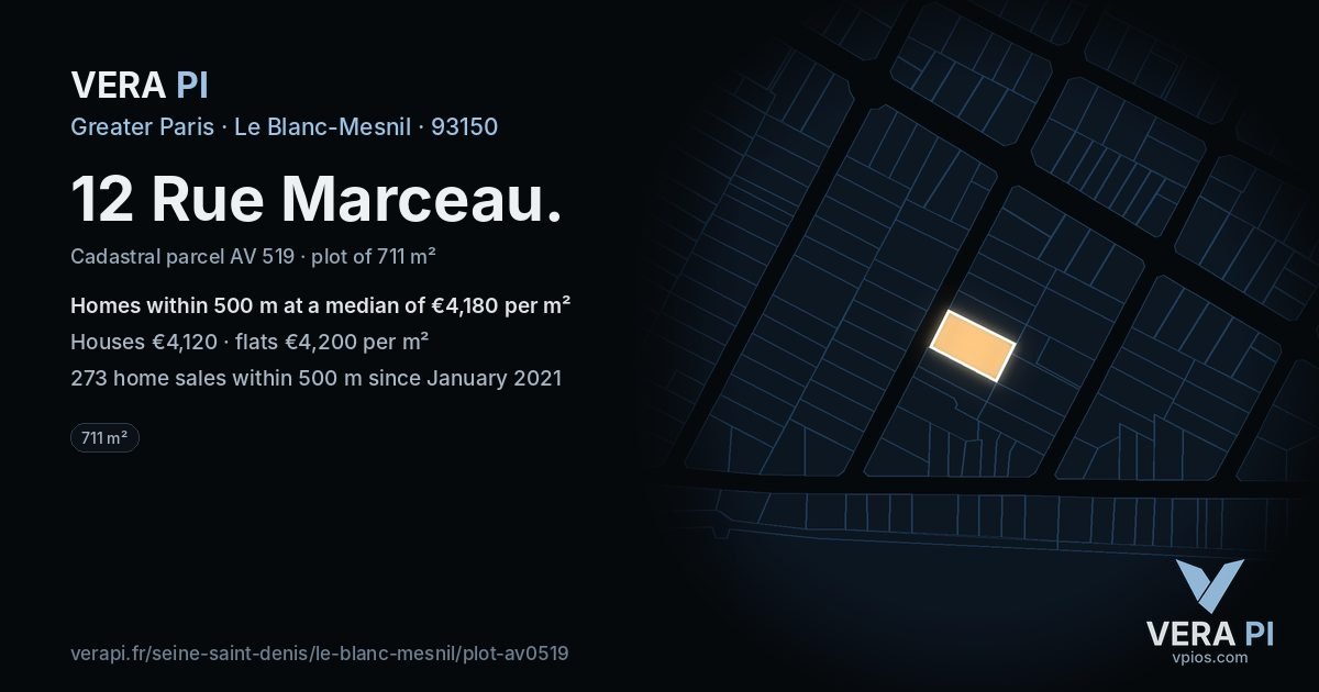 12 Rue Marceau, Le Blanc-Mesnil at night – the plot lit, the parcels around coloured by the prices near them