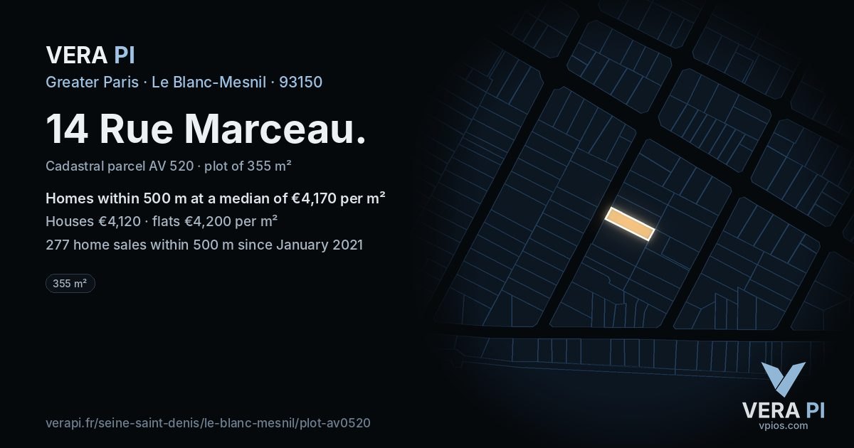 14 Rue Marceau, Le Blanc-Mesnil at night – the plot lit, the parcels around coloured by the prices near them