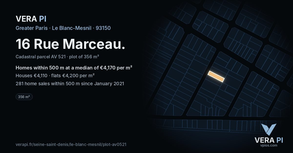 16 Rue Marceau, Le Blanc-Mesnil at night – the plot lit, the parcels around coloured by the prices near them