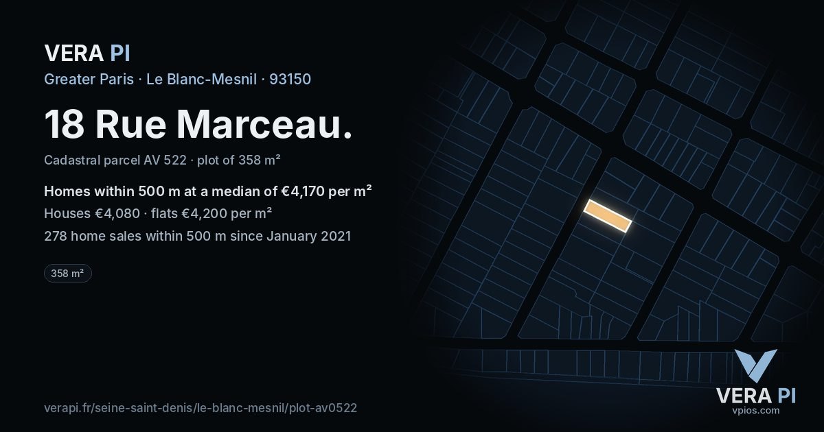18 Rue Marceau, Le Blanc-Mesnil at night – the plot lit, the parcels around coloured by the prices near them