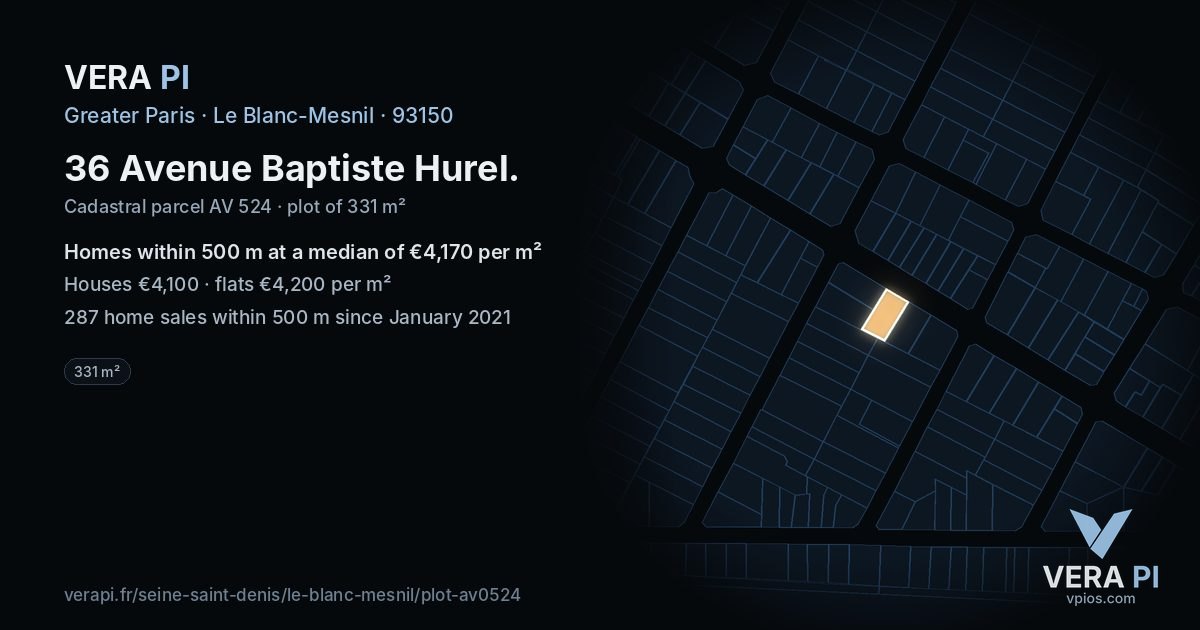 36 Avenue Baptiste Hurel, Le Blanc-Mesnil at night – the plot lit, the parcels around coloured by the prices near them