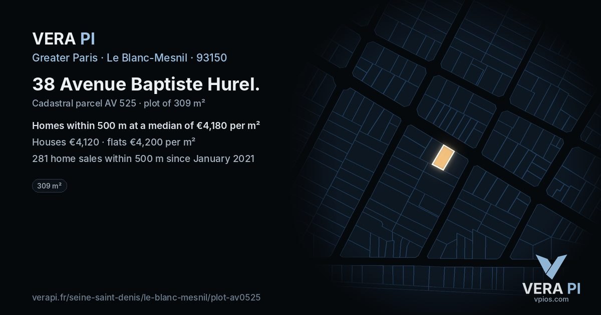 38 Avenue Baptiste Hurel, Le Blanc-Mesnil at night – the plot lit, the parcels around coloured by the prices near them