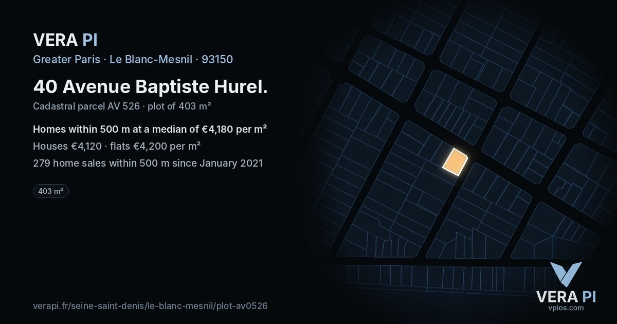 40 Avenue Baptiste Hurel, Le Blanc-Mesnil at night – the plot lit, the parcels around coloured by the prices near them