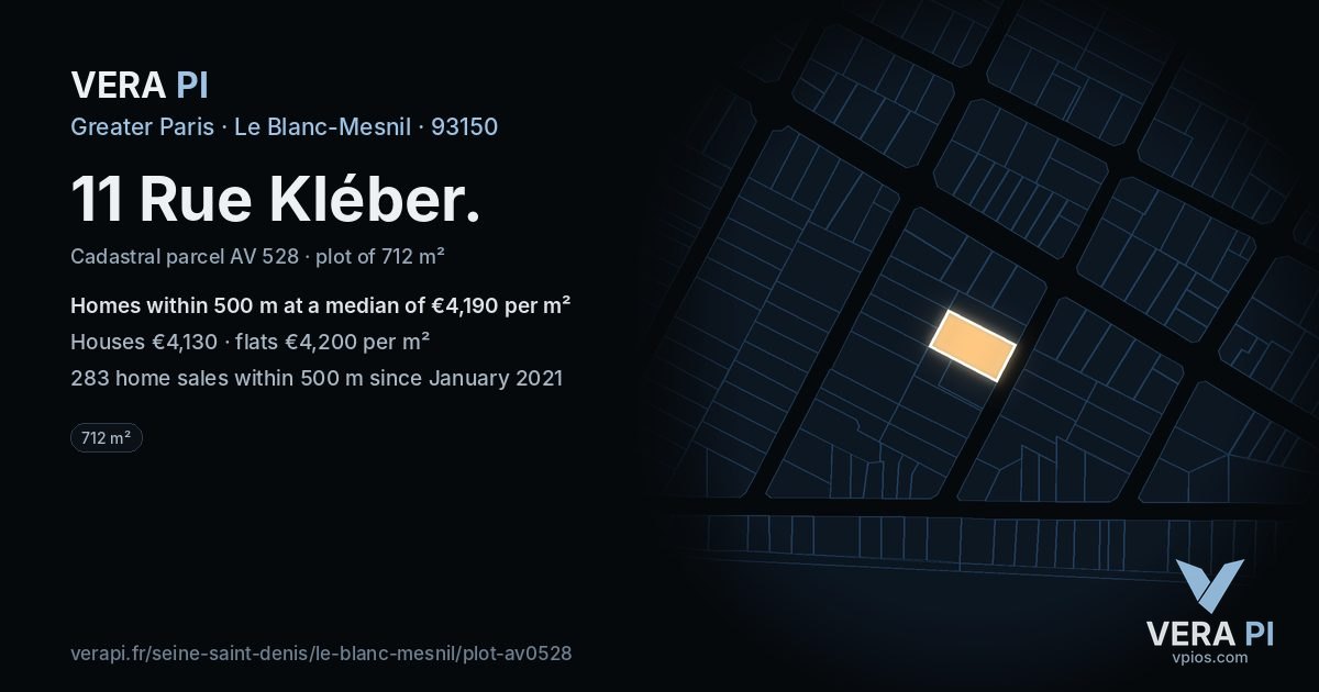 11 Rue Kléber, Le Blanc-Mesnil at night – the plot lit, the parcels around coloured by the prices near them