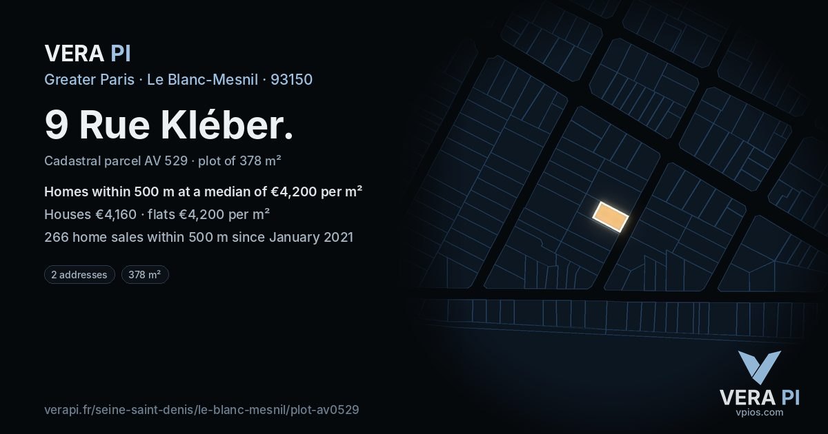 9 Rue Kléber, Le Blanc-Mesnil at night – the plot lit, the parcels around coloured by the prices near them