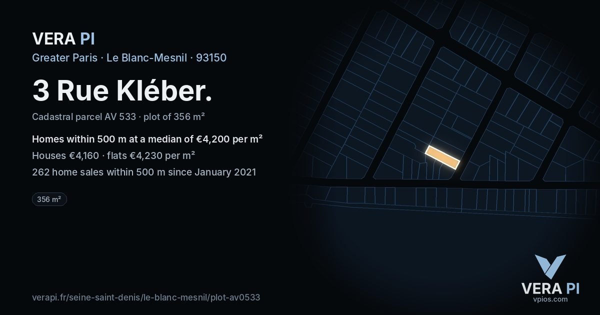 3 Rue Kléber, Le Blanc-Mesnil at night – the plot lit, the parcels around coloured by the prices near them