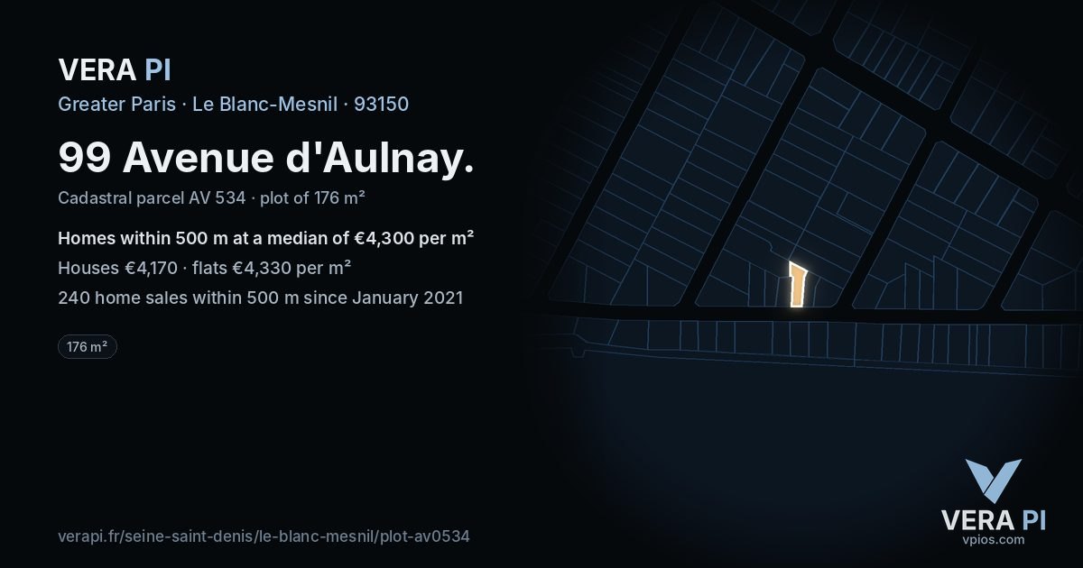 99 Avenue d'Aulnay, Le Blanc-Mesnil at night – the plot lit, the parcels around coloured by the prices near them